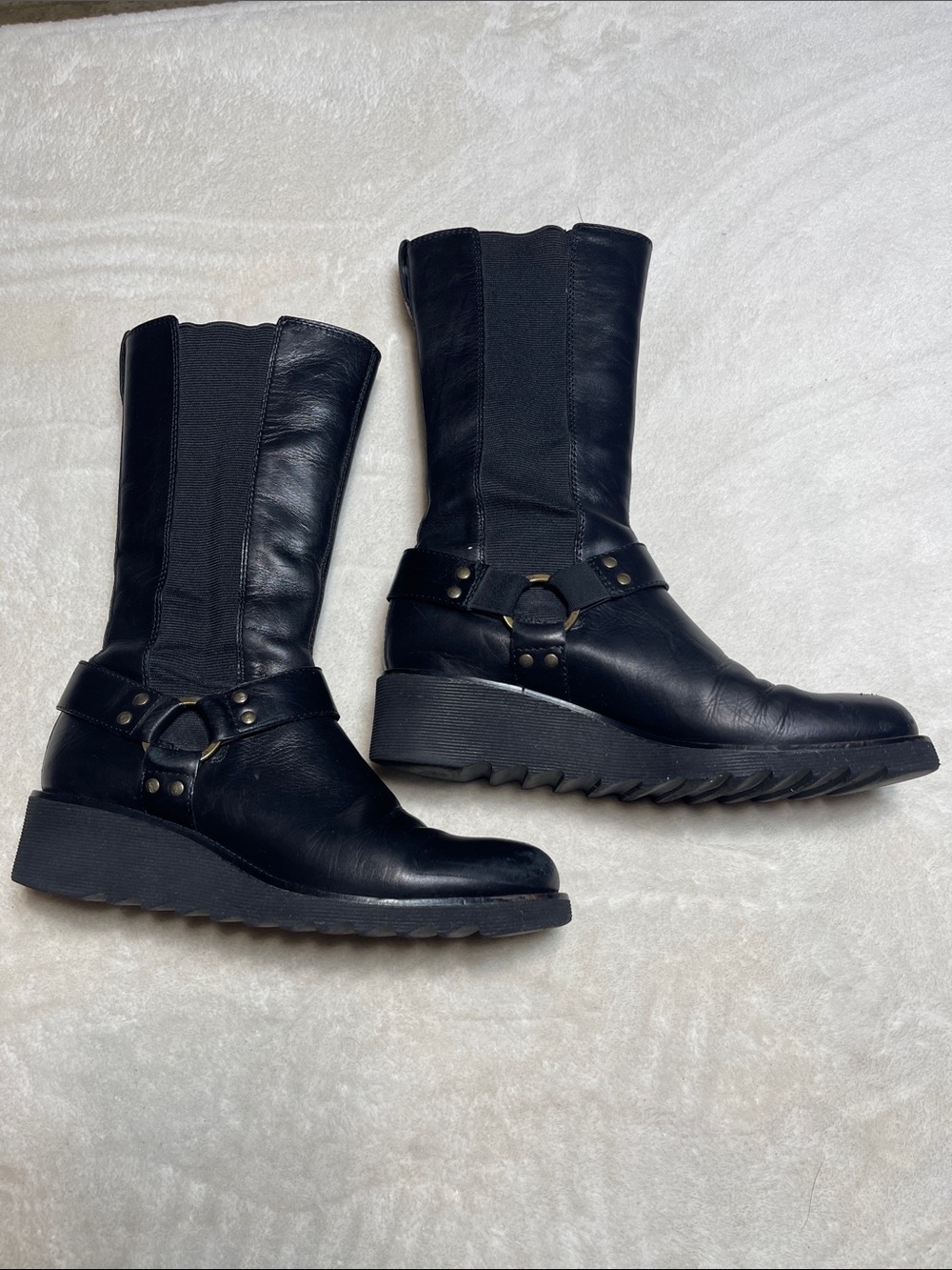 Donald J. Pliner Black Mid-Calf Wedge Harness Boots Size 7 M